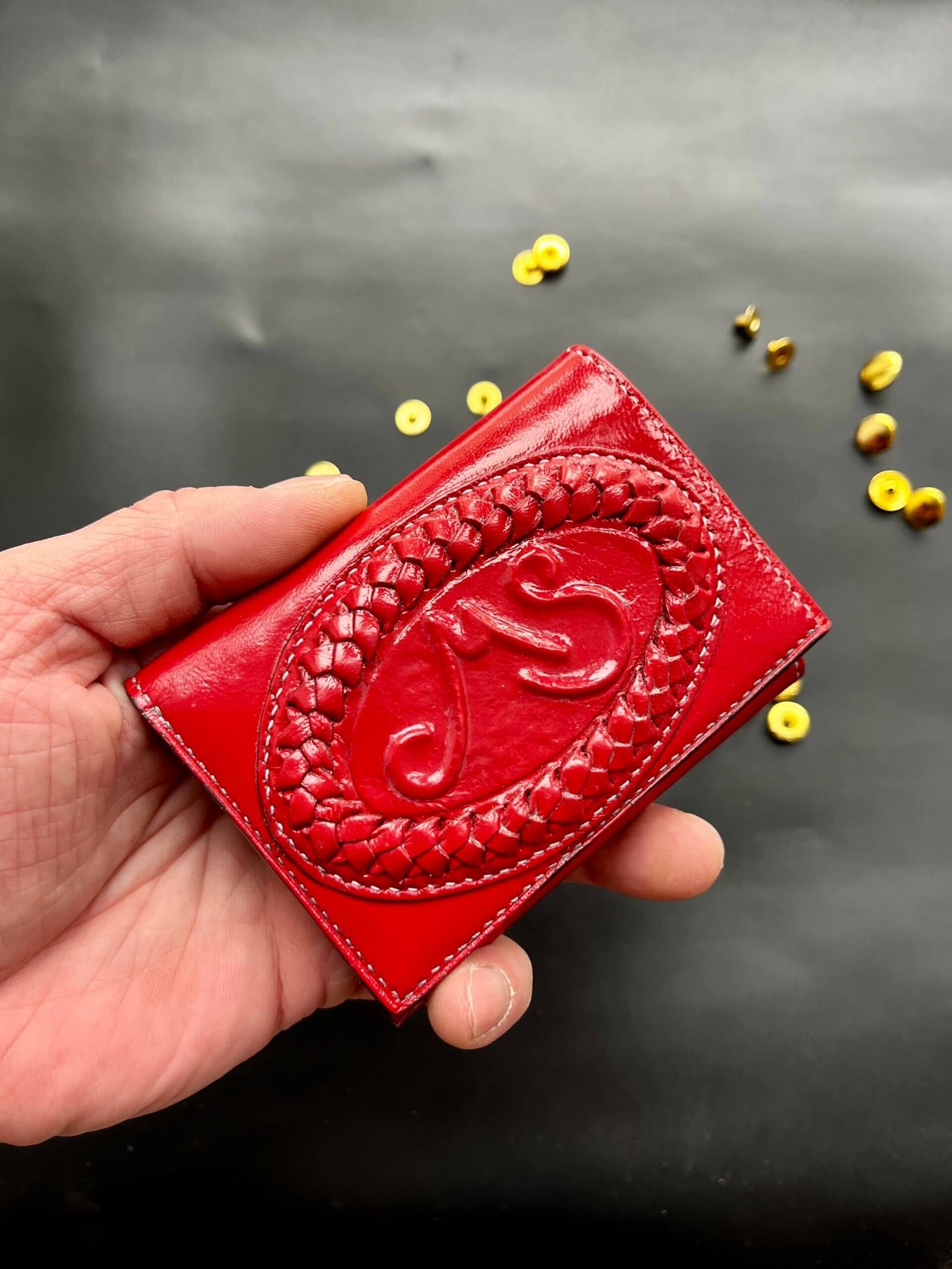 Handmade Leather Wallet for Women – Red Trifold Custom Tooled ProvidenceFish handmade leather wallet for women 1